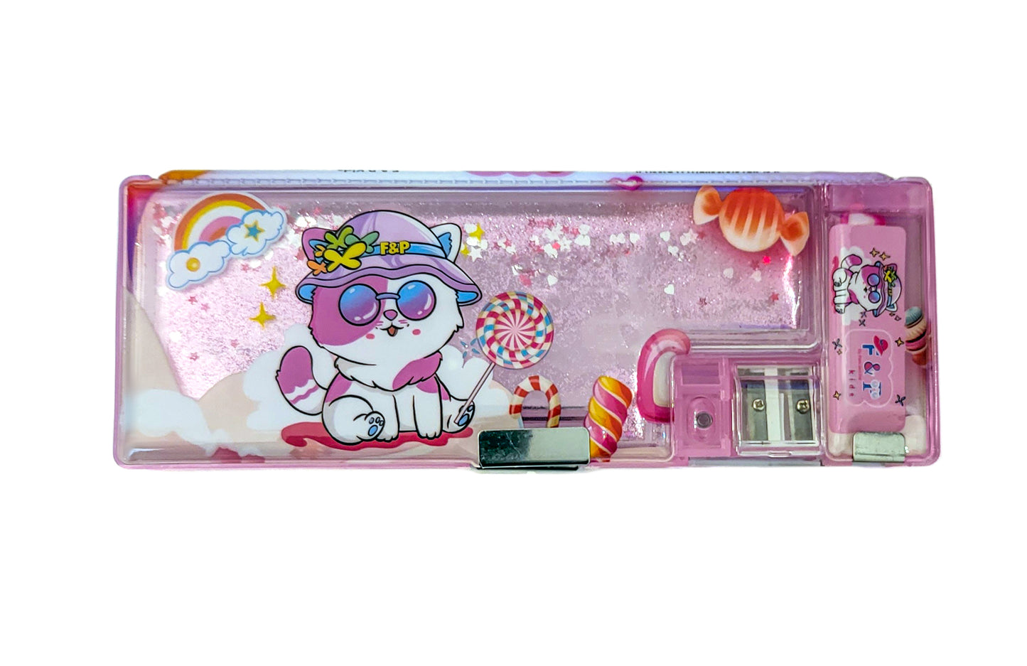 Pink Kitty Pencil Case for Girls I Kids Stationery Box I Sparkly Magical Moving Sequins I Multifunctional Double Magnetic Flaps I Inbuilt Sharpeners I Eraser & Pencil Slots I Nice Gift I