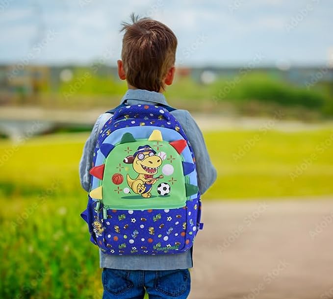 Cute Dino Mews Character 3D School Boys Blue Backpack with Rain Cap, Keychain & Pencil Pouch..