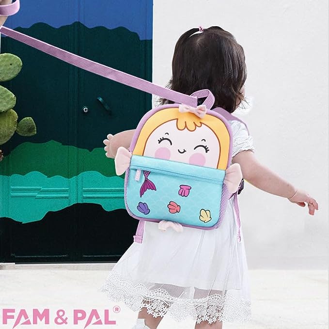 Cute Mermaid Character 3D School Girls Backpack for Toddlers with Safety Rein & Stroller Loop.