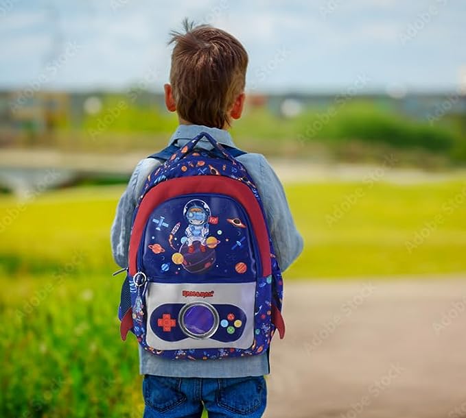 Blue Space Game Astro 3D School Boys Backpack with Rain Cap, Keychain & Pencil Pouch.