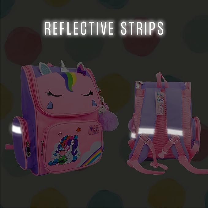 Unicorn Backpack for Girls I Kids School Bag I Rainbow I Pink & Purple Colours I Pom Pom Keychain I Cute Bow I Name Tag I Book Bag for Primary School