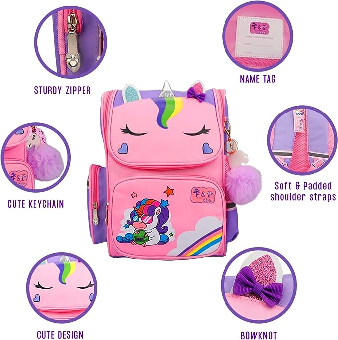 Unicorn Backpack for Girls I Kids School Bag I Rainbow I Pink & Purple Colours I Pom Pom Keychain I Cute Bow I Name Tag I Book Bag for Primary School