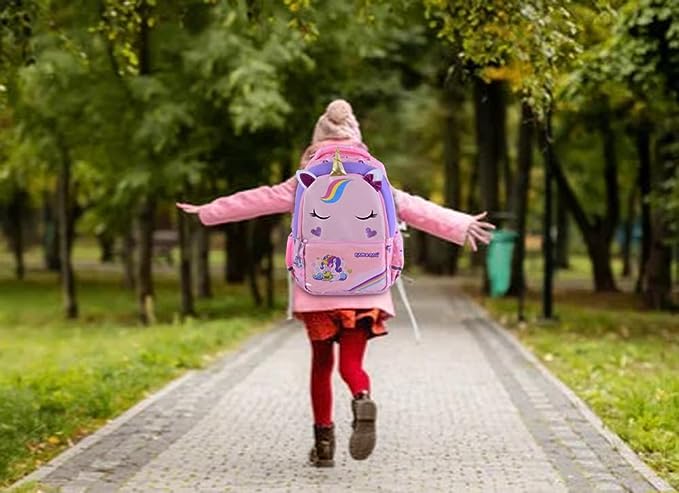 Cute Pink Unicorn Onny Character 3D School Girls Backpack with Rain Cap, Keychain & Pencil Pouch..