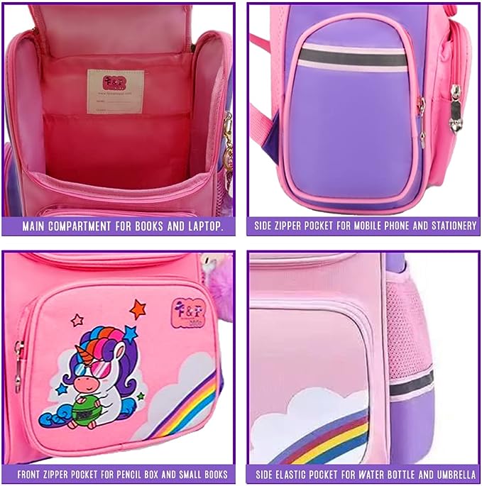 Unicorn Backpack for Girls I Kids School Bag I Rainbow I Pink & Purple Colours I Pom Pom Keychain I Cute Bow I Name Tag I Book Bag for Primary School