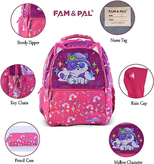 Cute Kitty Mallow Character 3D School Girls Pink Backpack with Rain Cap, Keychain & Pencil Pouch.