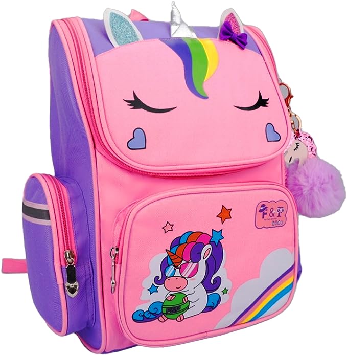 Unicorn Backpack for Girls I Kids School Bag I Rainbow I Pink & Purple Colours I Pom Pom Keychain I Cute Bow I Name Tag I Book Bag for Primary School