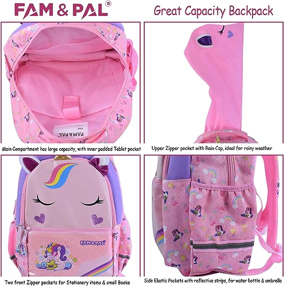 Cute Pink Unicorn Onny Character 3D School Girls Backpack with Rain Cap, Keychain & Pencil Pouch..