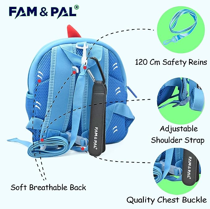 Cute Shark Fin 3D School Boys Backpack for Toddlers I with Safety Rein & Stroller Loop I