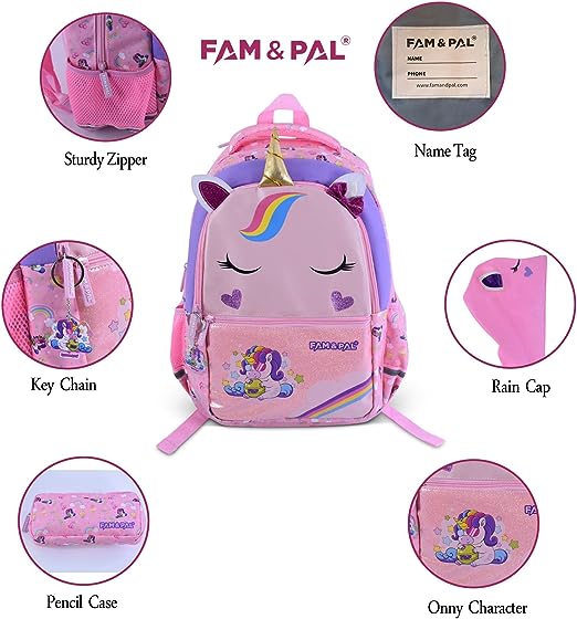 Cute Pink Unicorn Onny Character 3D School Girls Backpack with Rain Cap, Keychain & Pencil Pouch..