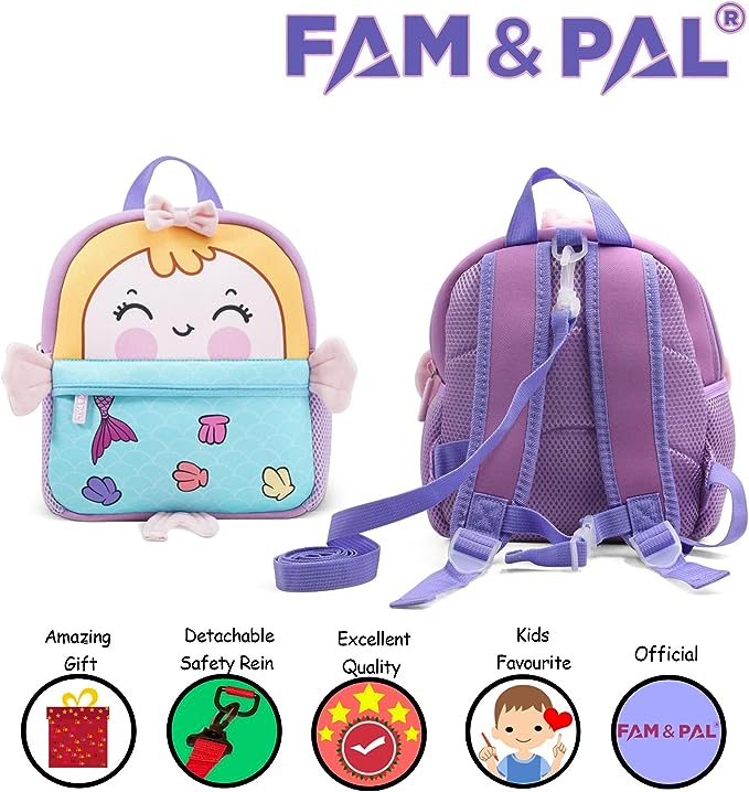 Cute Mermaid Character 3D School Girls Backpack for Toddlers with Safety Rein & Stroller Loop.