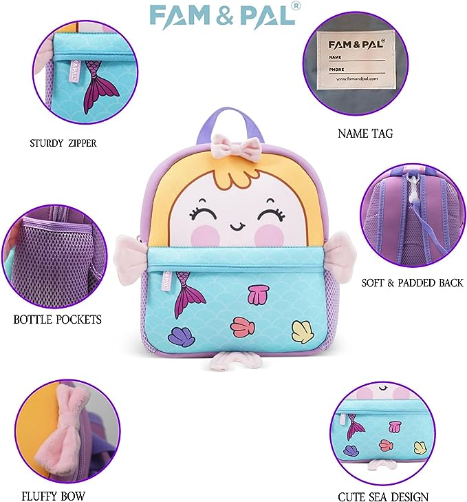 Cute Mermaid Character 3D School Girls Backpack for Toddlers with Safety Rein & Stroller Loop.