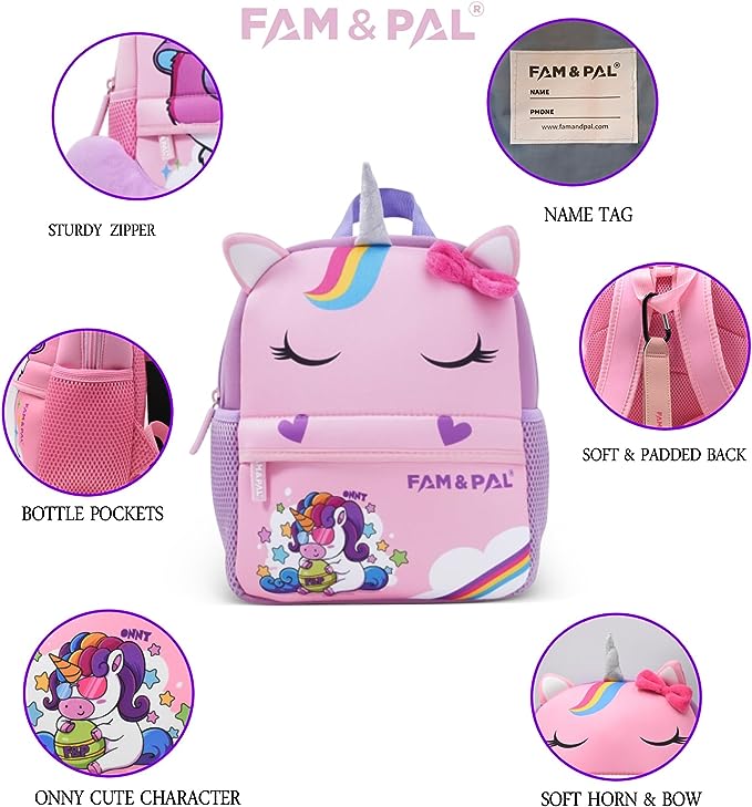 Cute Unicorn Onny Character 3D School Girls Backpack for Toddlers with Safety Rein & Stroller Loop.