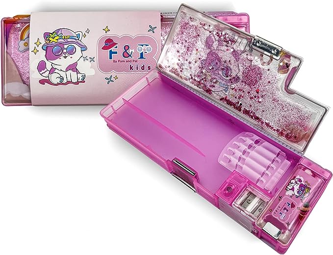 Pink Kitty Pencil Case for Girls I Kids Stationery Box I Sparkly Magical Moving Sequins I Multifunctional Double Magnetic Flaps I Inbuilt Sharpeners I Eraser & Pencil Slots I Nice Gift I