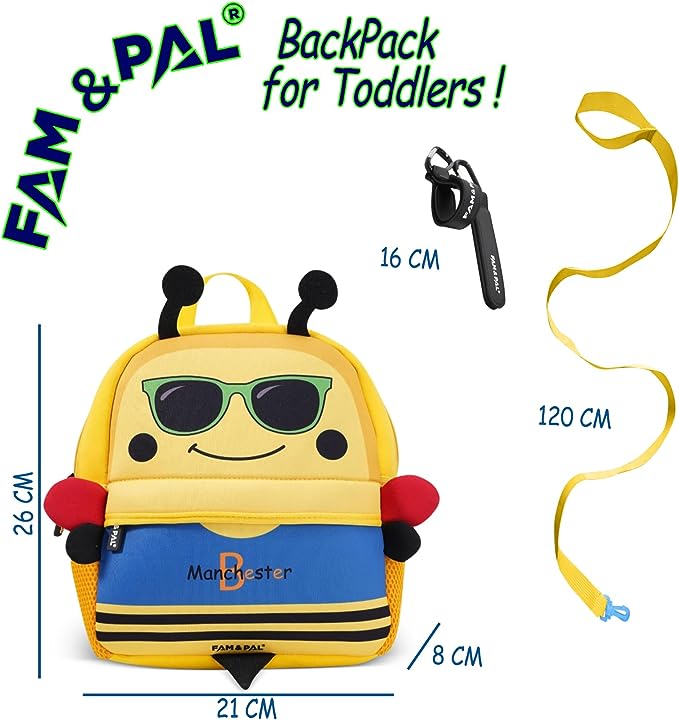 Cute Bee Character Buzzy 3D School Backpack for Boys I with Safety Rein & Stroller Loop I