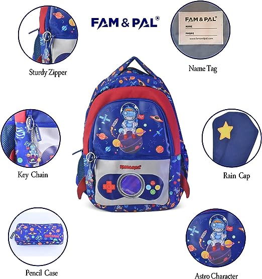 Blue Space Game Astro 3D School Boys Backpack with Rain Cap, Keychain & Pencil Pouch.