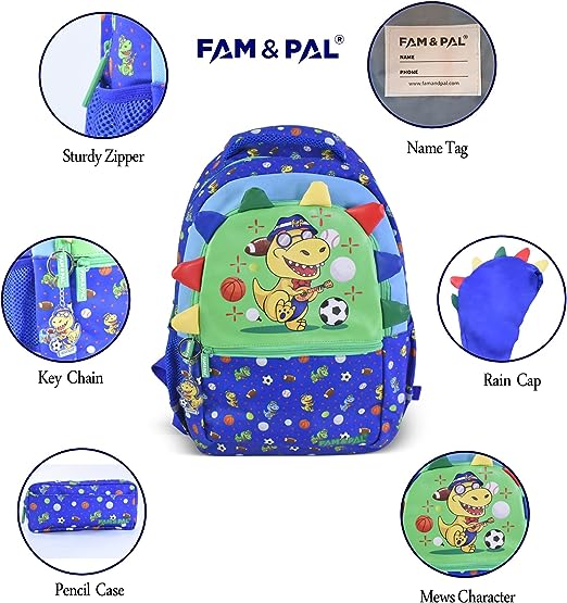 Cute Dino Mews Character 3D School Boys Blue Backpack with Rain Cap, Keychain & Pencil Pouch..