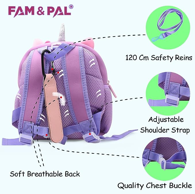 Cute Unicorn Onny Character 3D School Girls Backpack for Toddlers with Safety Rein & Stroller Loop.