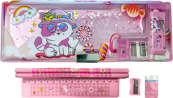 Pink Kitty Pencil Case for Girls I Kids Stationery Box I Sparkly Magical Moving Sequins I Multifunctional Double Magnetic Flaps I Inbuilt Sharpeners I Eraser & Pencil Slots I Nice Gift I