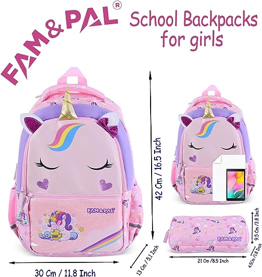 Cute Pink Unicorn Onny Character 3D School Girls Backpack with Rain Cap, Keychain & Pencil Pouch..