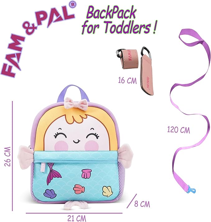 Cute Mermaid Character 3D School Girls Backpack for Toddlers with Safety Rein & Stroller Loop.