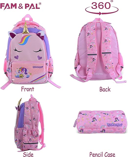 Cute Pink Unicorn Onny Character 3D School Girls Backpack with Rain Cap, Keychain & Pencil Pouch..