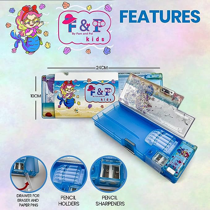 Blue Mermaid Pencil Case for Girls I Kids Stationery Box I Sparkly Magical Moving Sequins I Multifunctional Double Magnetic Flaps I Inbuilt Sharpeners I Eraser & Pencil Slots I