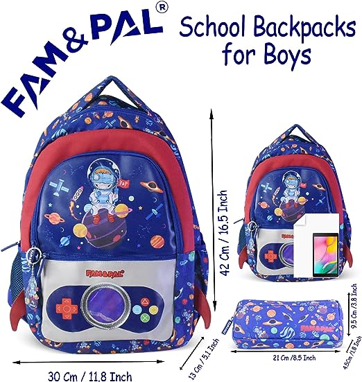 Blue Space Game Astro 3D School Boys Backpack with Rain Cap, Keychain & Pencil Pouch.