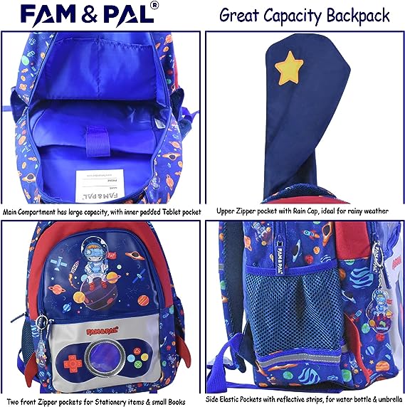 Blue Space Game Astro 3D School Boys Backpack with Rain Cap, Keychain & Pencil Pouch.