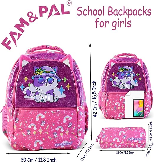 Cute Kitty Mallow Character 3D School Girls Pink Backpack with Rain Cap, Keychain & Pencil Pouch.