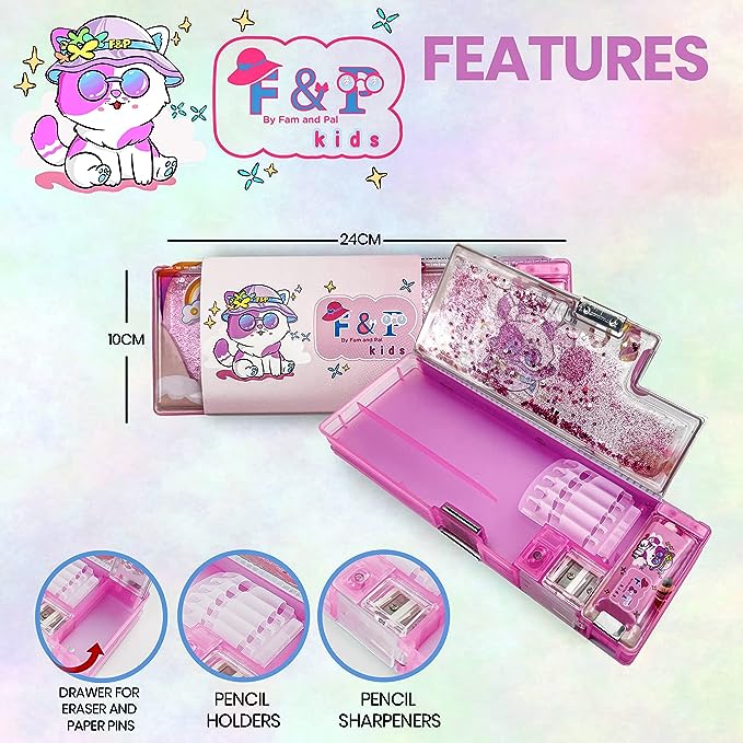 Pink Kitty Pencil Case for Girls I Kids Stationery Box I Sparkly Magical Moving Sequins I Multifunctional Double Magnetic Flaps I Inbuilt Sharpeners I Eraser & Pencil Slots I Nice Gift I