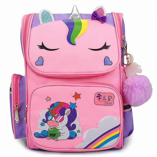 Unicorn Backpack for Girls I Kids School Bag I Rainbow I Pink & Purple Colours I Pom Pom Keychain I Cute Bow I Name Tag I Book Bag for Primary School