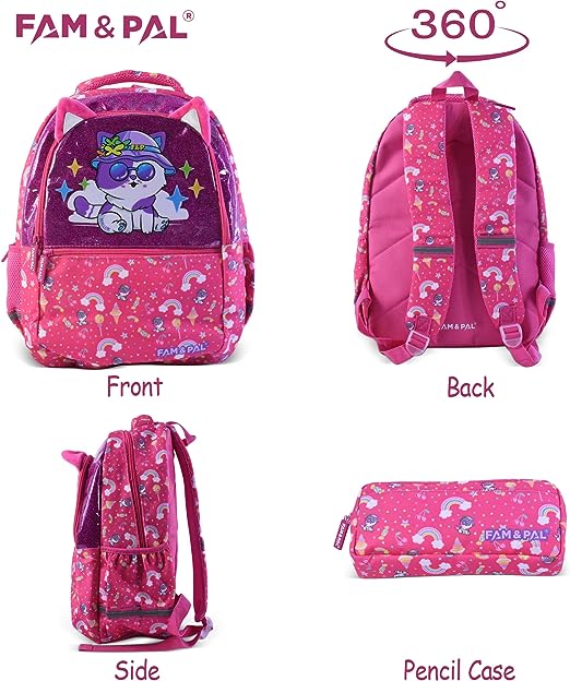 Cute Kitty Mallow Character 3D School Girls Pink Backpack with Rain Cap, Keychain & Pencil Pouch.