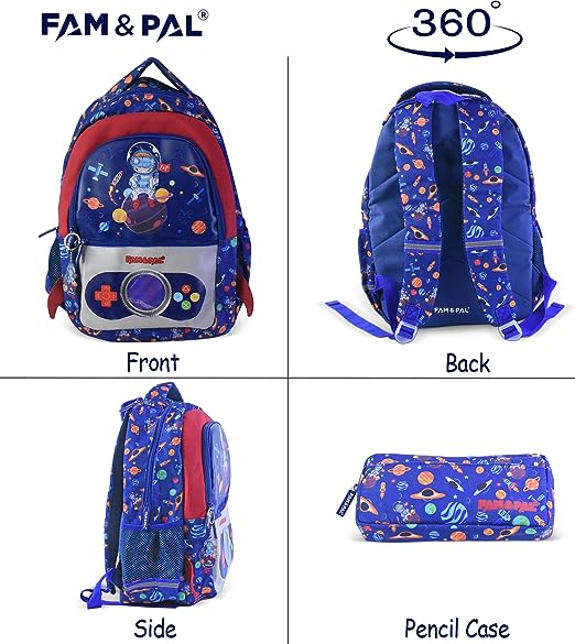 Blue Space Game Astro 3D School Boys Backpack with Rain Cap, Keychain & Pencil Pouch.