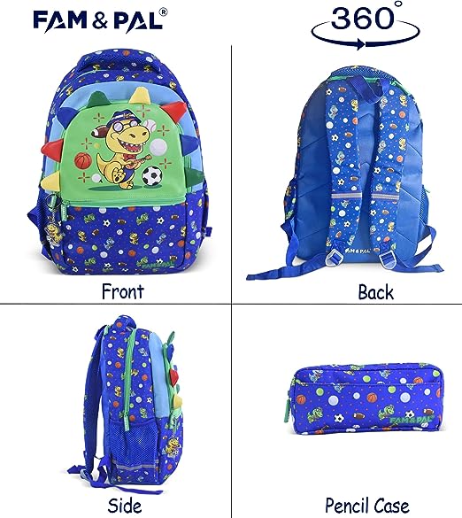 Cute Dino Mews Character 3D School Boys Blue Backpack with Rain Cap, Keychain & Pencil Pouch..