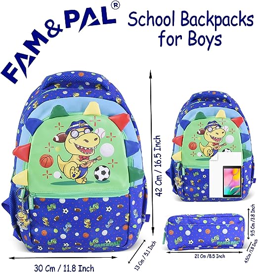 Cute Dino Mews Character 3D School Boys Blue Backpack with Rain Cap, Keychain & Pencil Pouch..