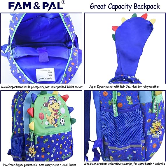 Cute Dino Mews Character 3D School Boys Blue Backpack with Rain Cap, Keychain & Pencil Pouch..