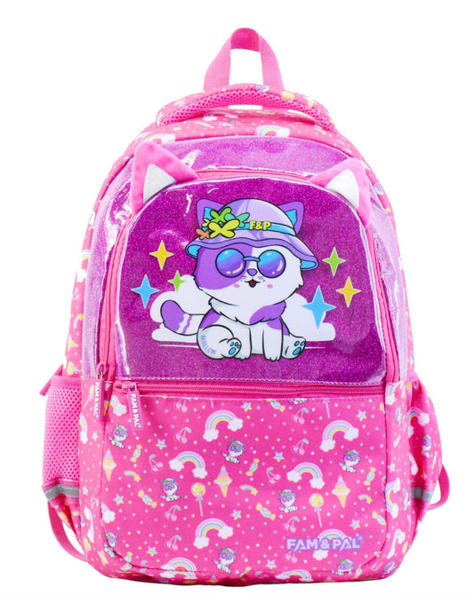 Cute Kitty Mallow Character 3D School Girls Pink Backpack with Rain Cap, Keychain & Pencil Pouch.