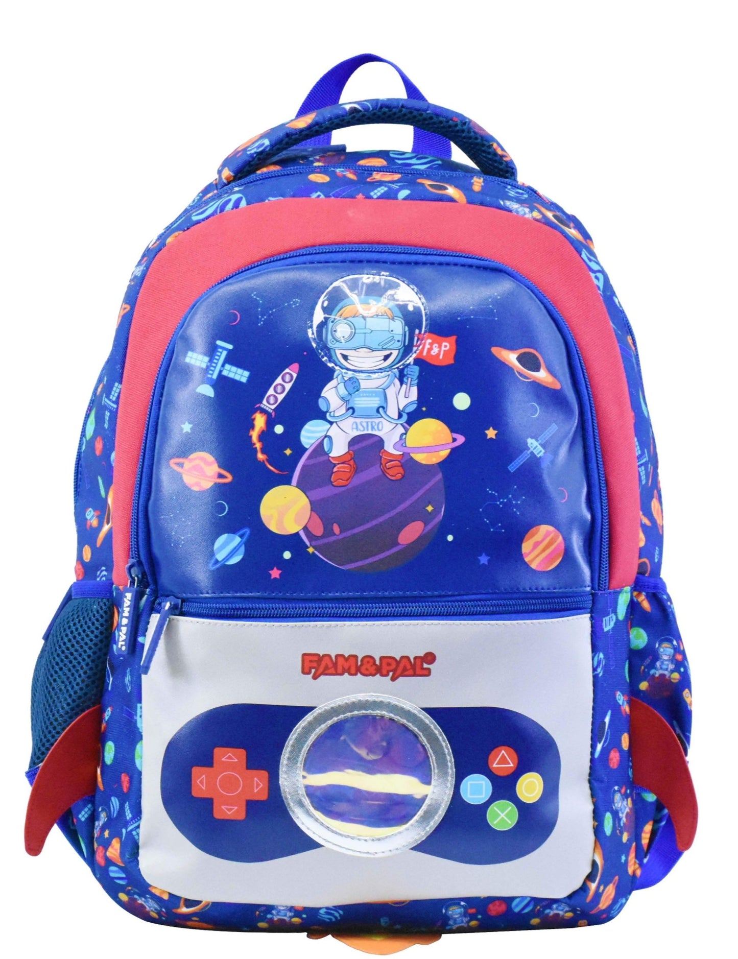 Blue Space Game Astro 3D School Boys Backpack with Rain Cap, Keychain & Pencil Pouch.